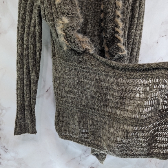 BKE Sweater Women Large Brown Wool Cardigan Tunic Open Front Boho Feather Fringe - Picture 10 of 11